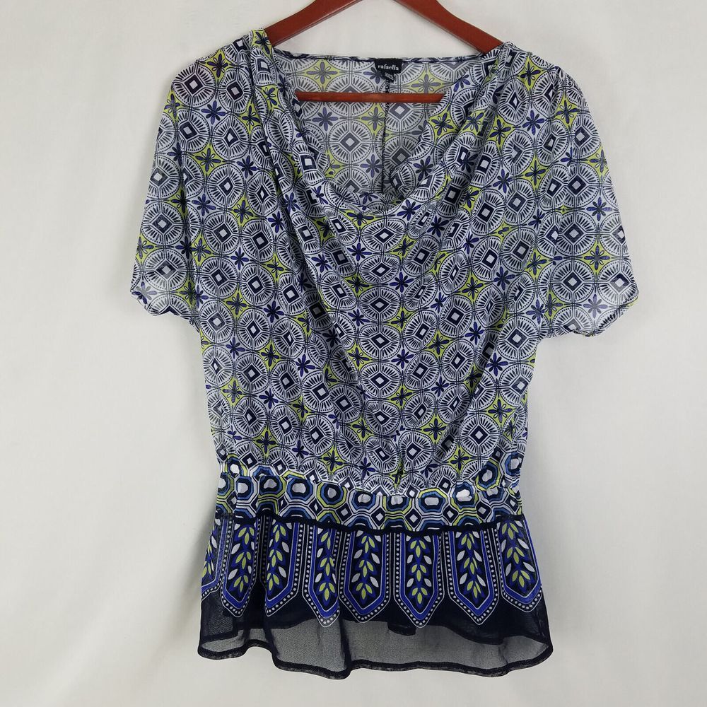 Rafaella Shirt Womens Small Blue Top Sheer‎ Short Sleeve Cowl Neck Blouse